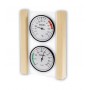 Runder weißer Hintergrund des EOS-Saunahygrometerthermometers auf Glas- und Holzdesign